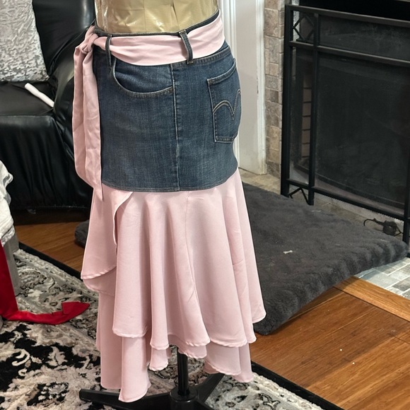 Denim jeans altered into a skirt with Asymmetrical Pink ruffled skirt. - Picture 2 of 8